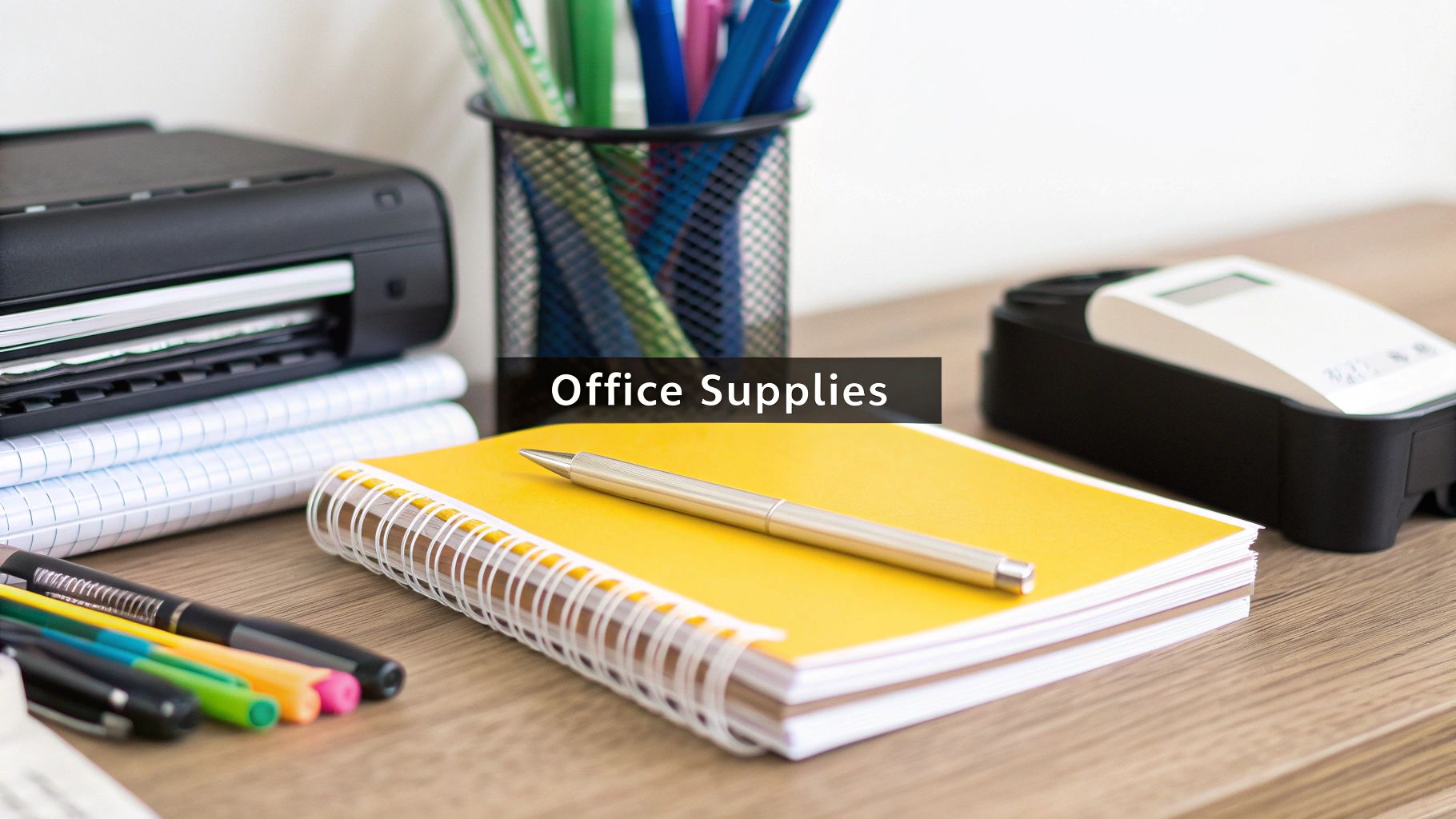 A collection of office supplies, including a printer, notebooks, pens, and a label maker, on a wooden desk.