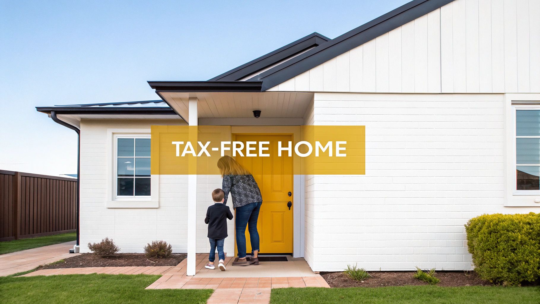 A woman and child approach the yellow front door of a modern white house with a 'TAX-FREE HOME' sign.