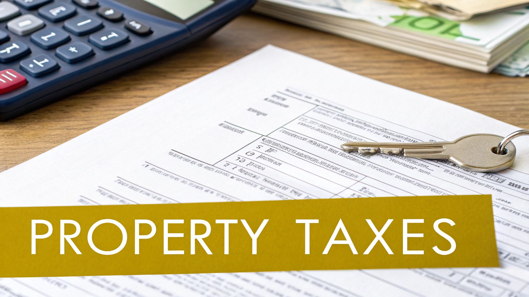 A house key on property tax forms with a calculator and money, overlaid with 'PROPERTY TAXES' banner.
