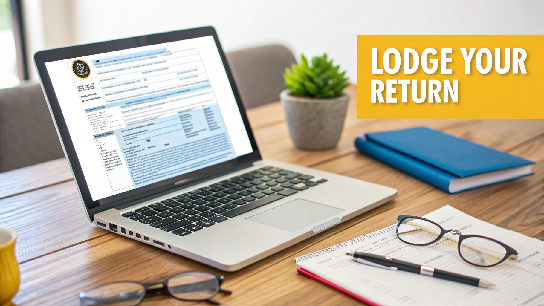 A laptop on a wooden desk displaying an online form, next to a plant, book, and glasses, with a yellow banner stating 'Lodge Your Return'.