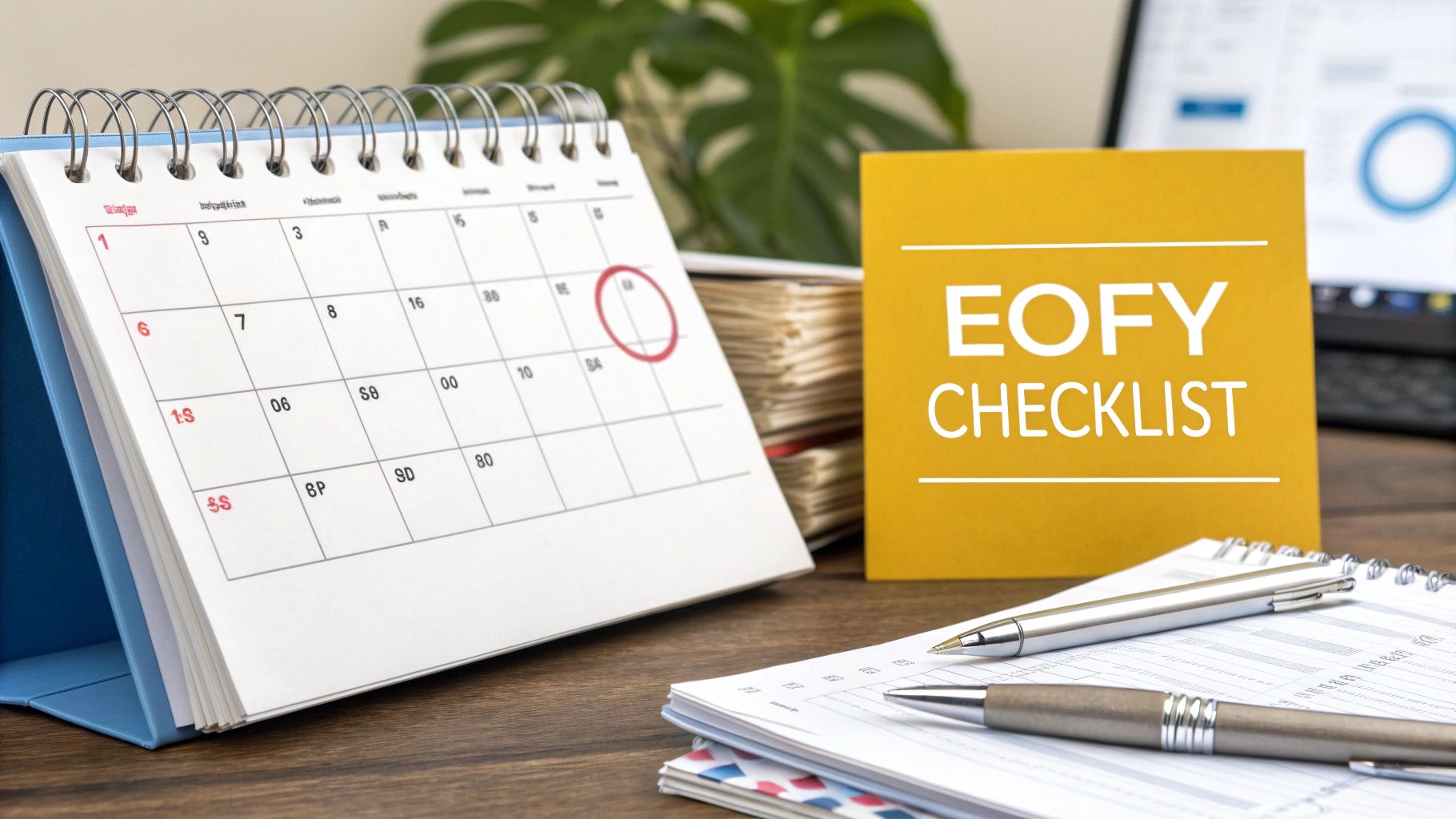 A desk with a calendar, an 'EOFY CHECKLIST' sign, and pens for financial planning.