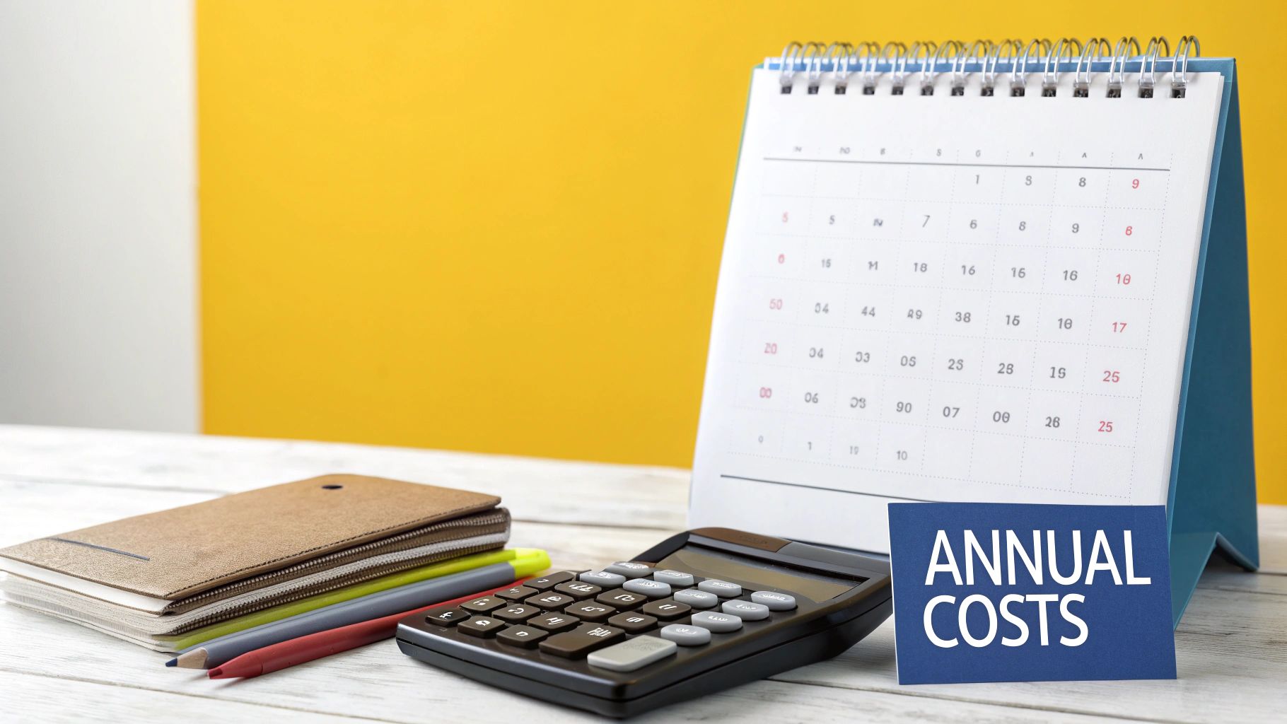 A calculator, calendar, and a card reading 'ANNUAL COSTS' on a white desk.