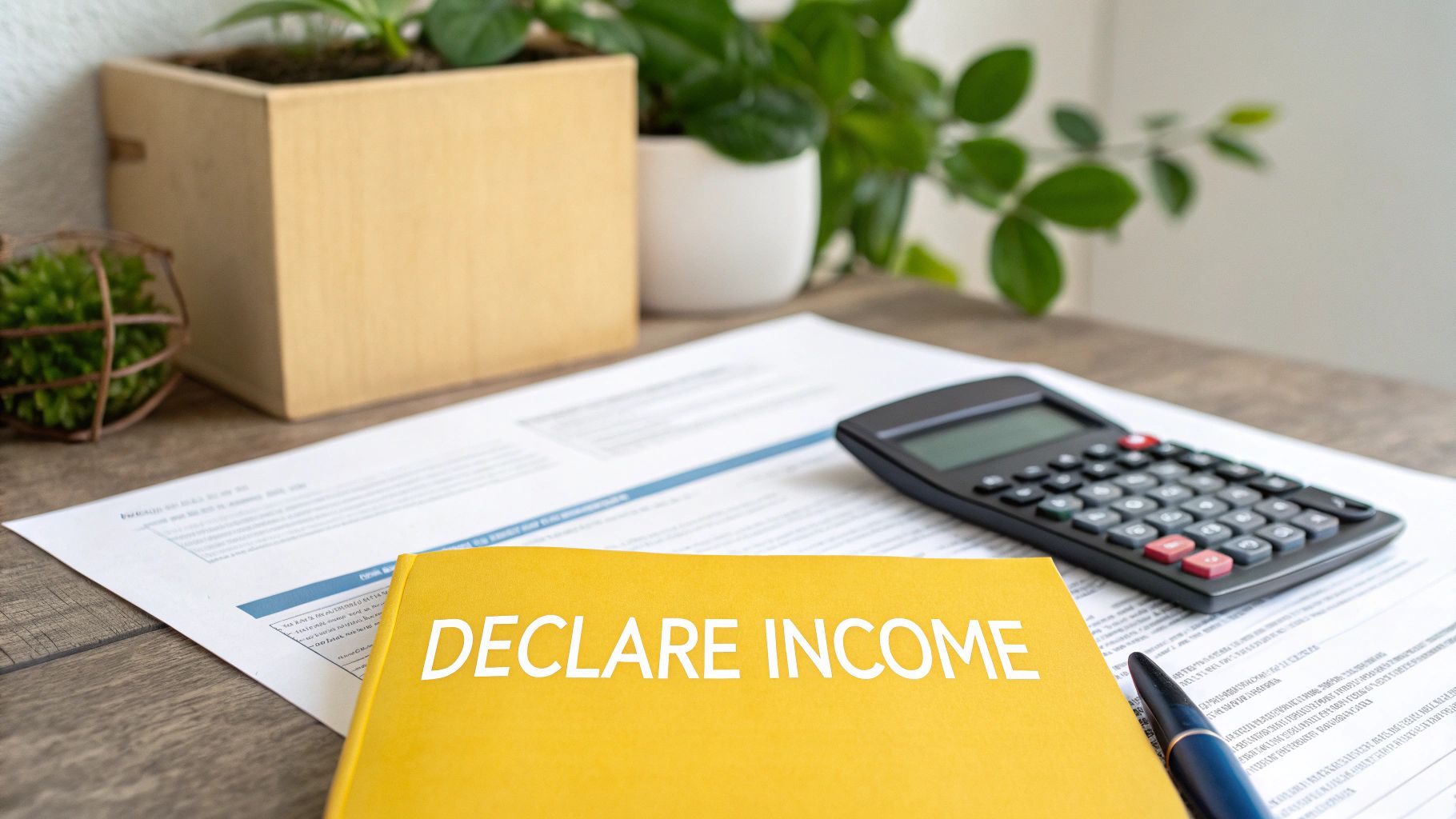 A yellow notebook with 'DECLARE INCOME' on a desk with a calculator, documents, and plants, ready for tax preparation.