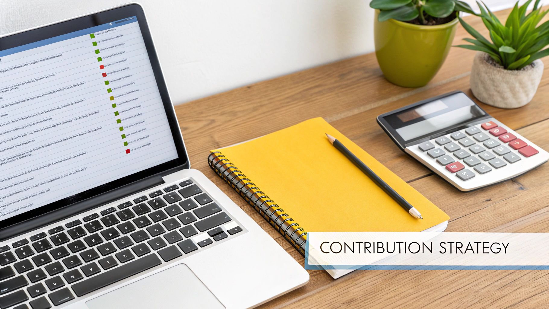 A laptop displaying data, a yellow notebook, calculator, and plants on a wooden desk, symbolizing financial planning.