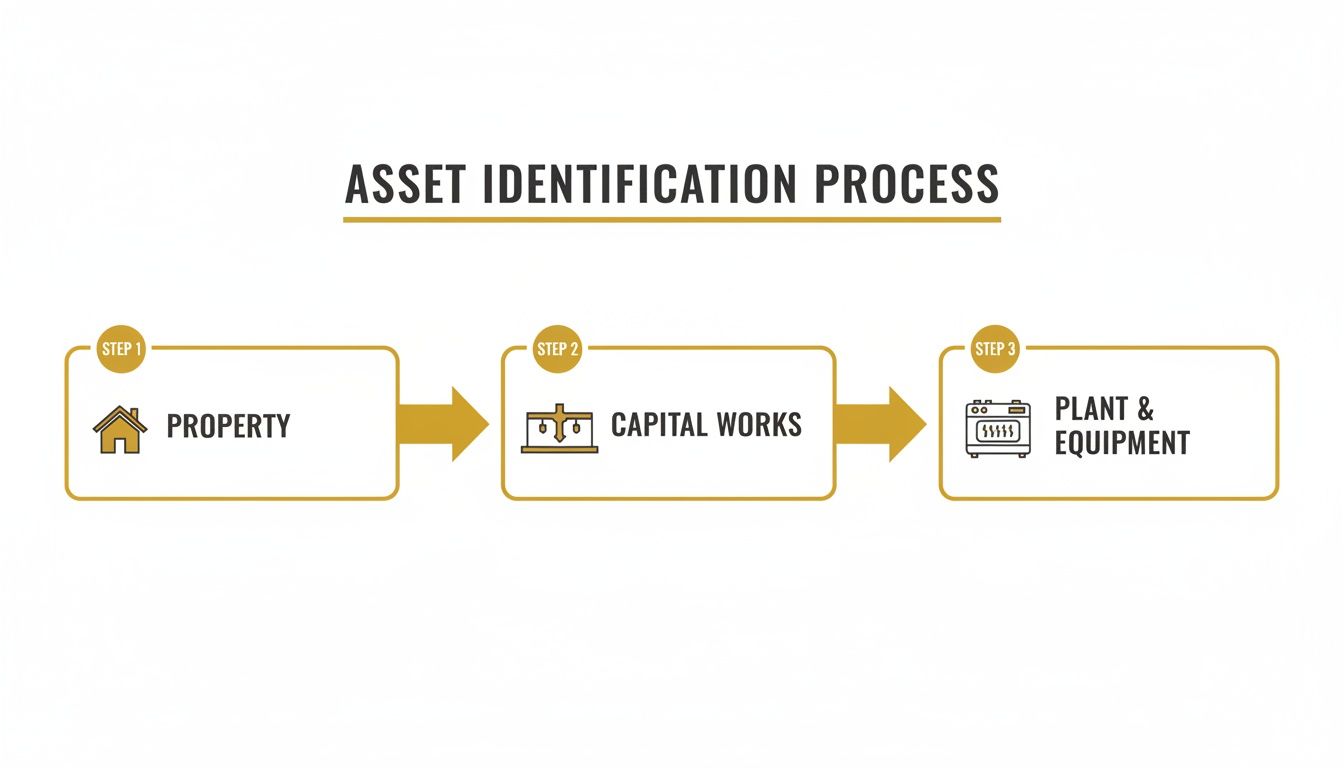 Diagram illustrating the asset identification process, showing steps for property, capital works, and plant & equipment.
