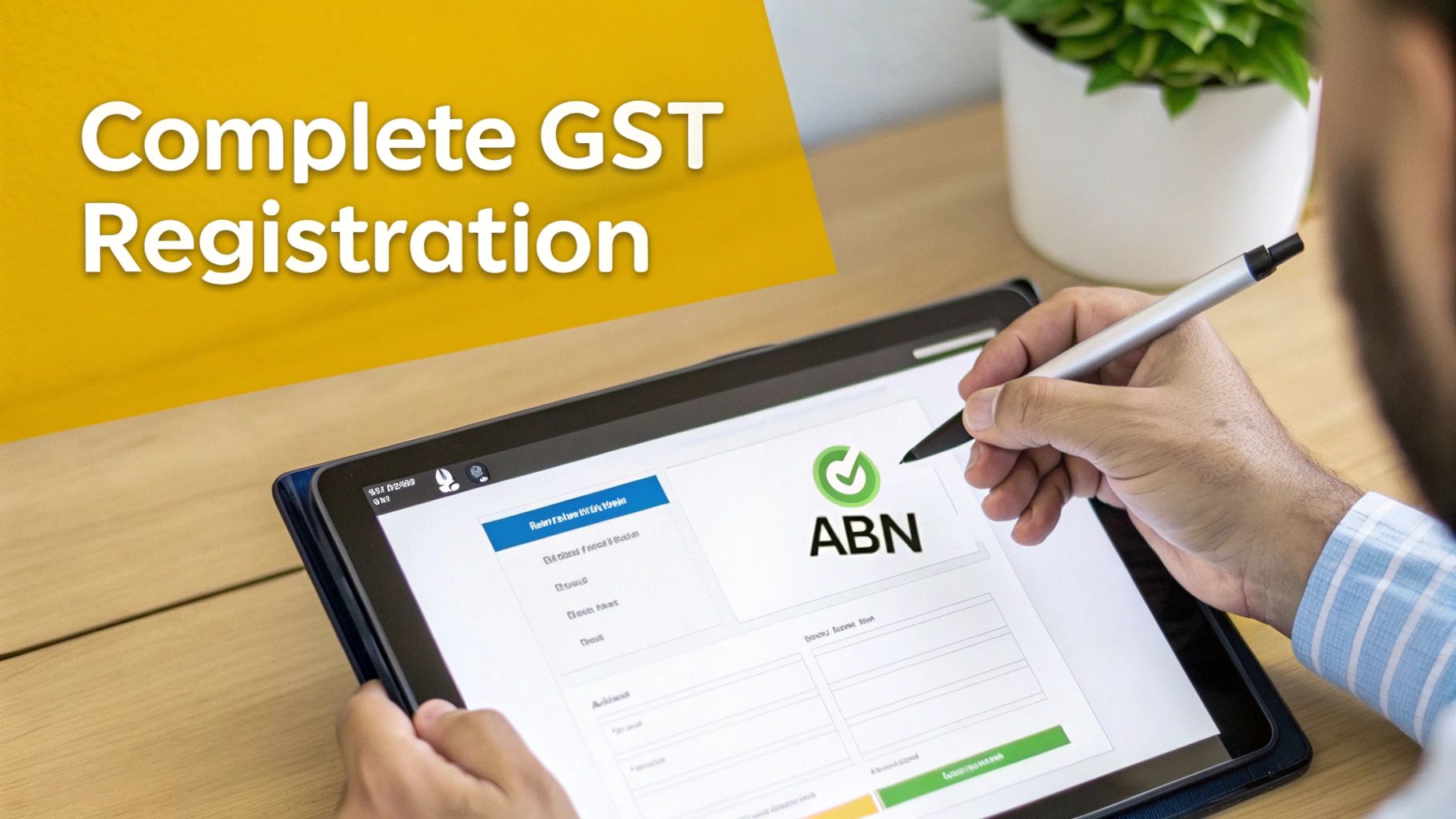 A person's hands completing an online GST registration form on a tablet using a stylus.