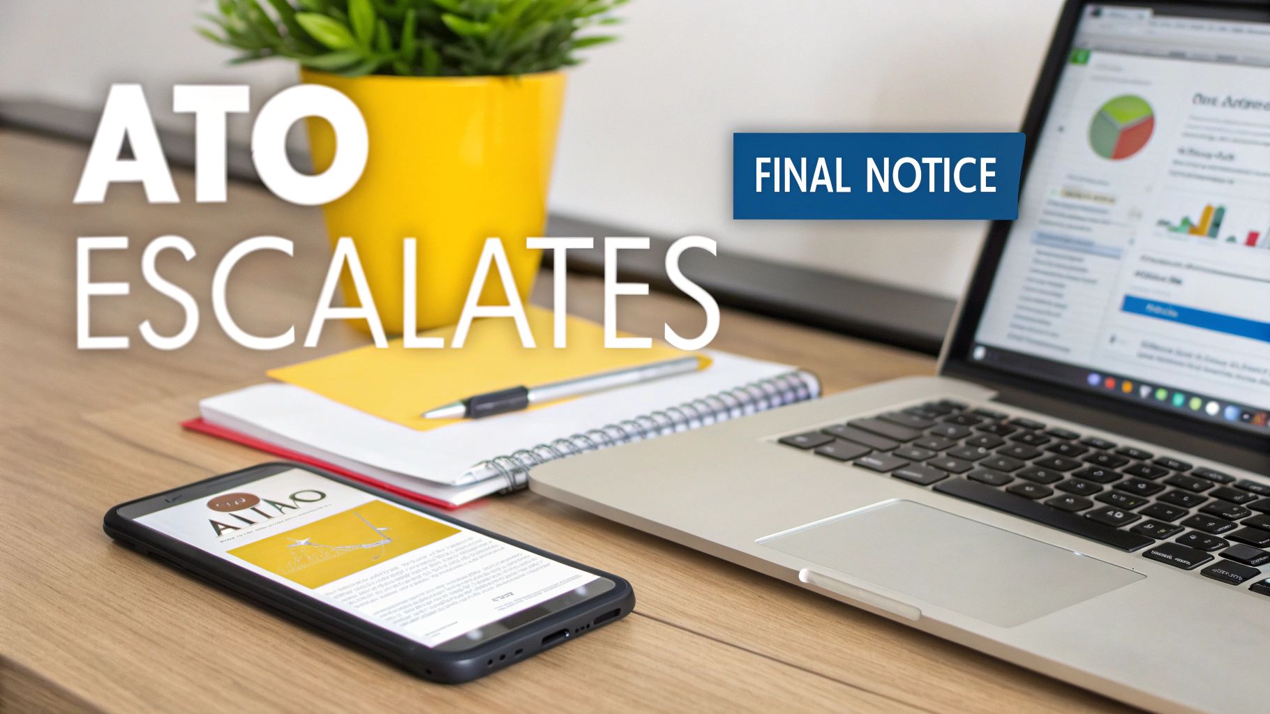 A workspace scene with a laptop, smartphone, and notebook, featuring text overlays: ATO ESCALATES, FINAL NOTICE.