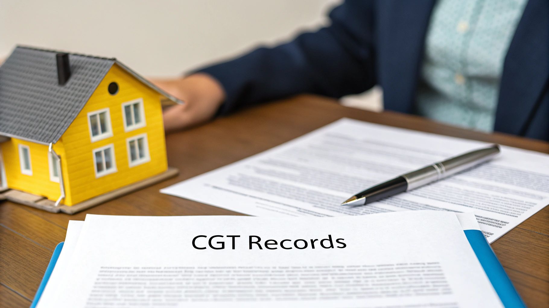 A miniature yellow house, 'CGT Records' document, and a pen on a table, with a person in the background.