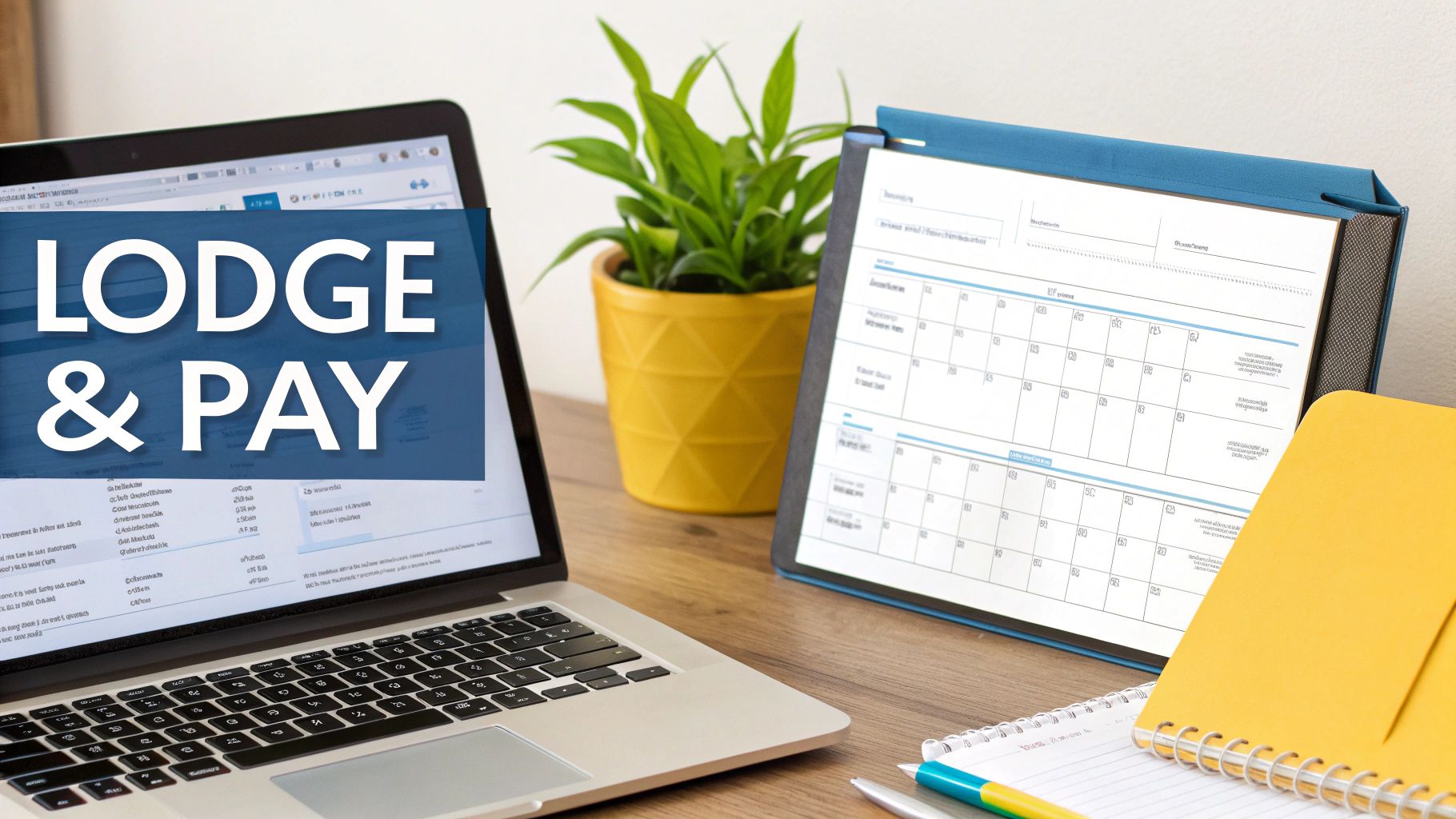 Laptop displaying financial documents with calendar and notebooks on desk for lodge and pay system