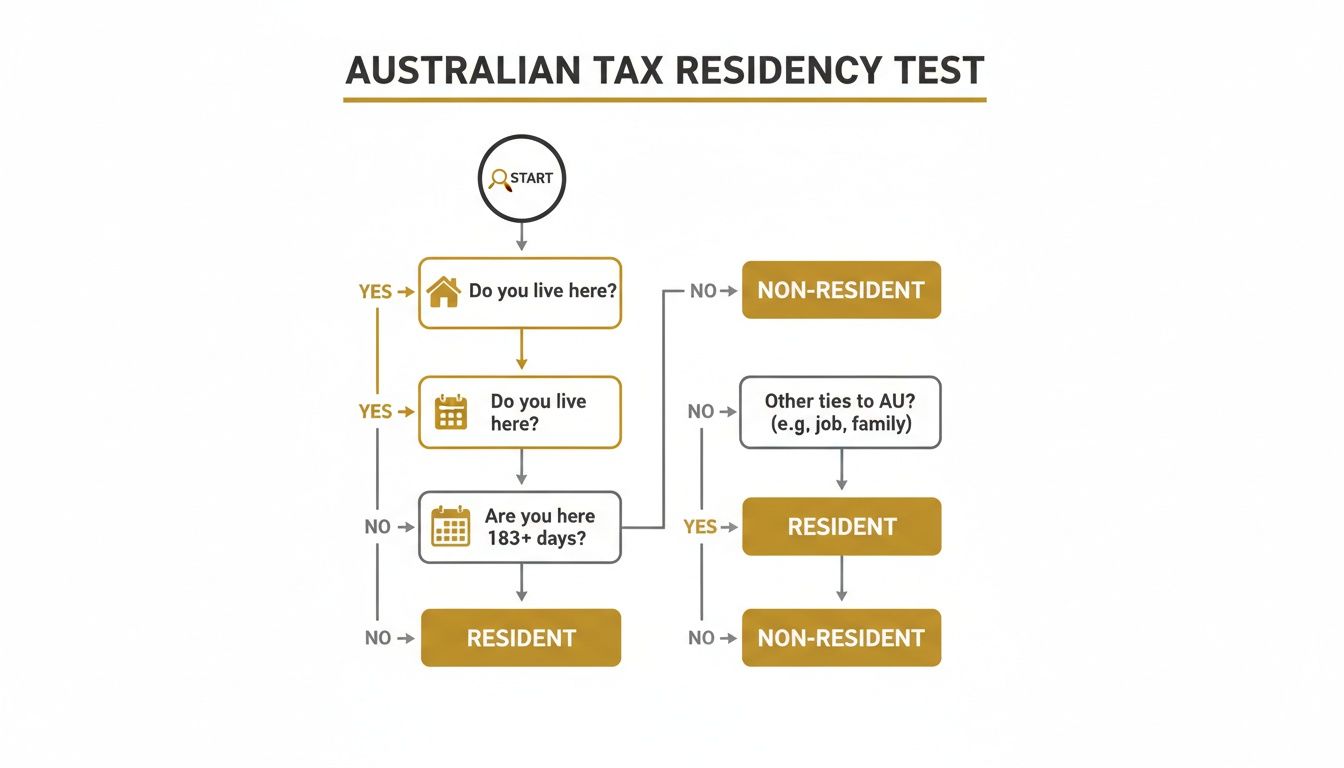 Flowchart of Australian Tax Residency Test with questions about living, duration, and ties.