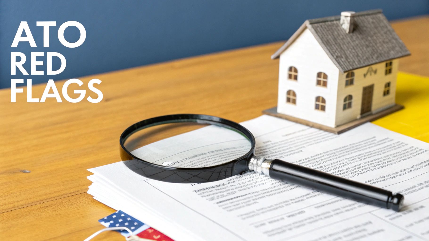 A magnifying glass hovering over a tax document, symbolising ATO scrutiny and the importance of compliance.