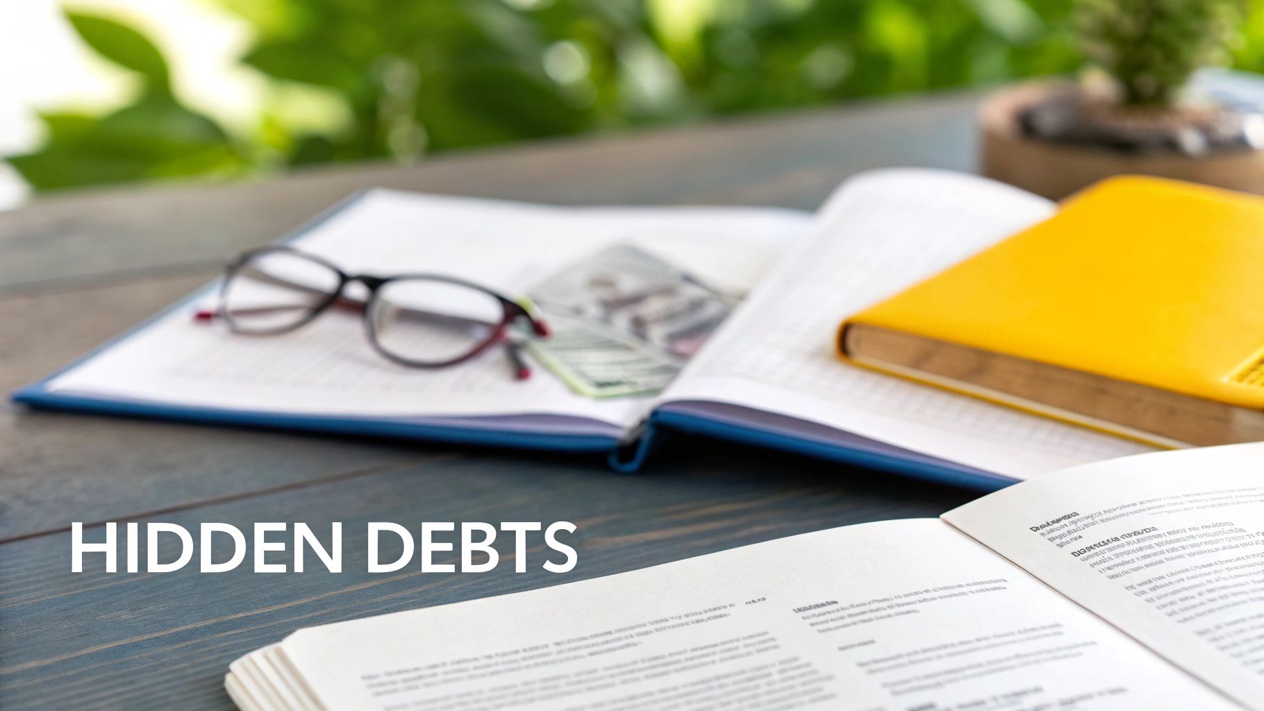 A pair of reading glasses resting on an open document with 'HIDDEN DEBTS' text overlayed.