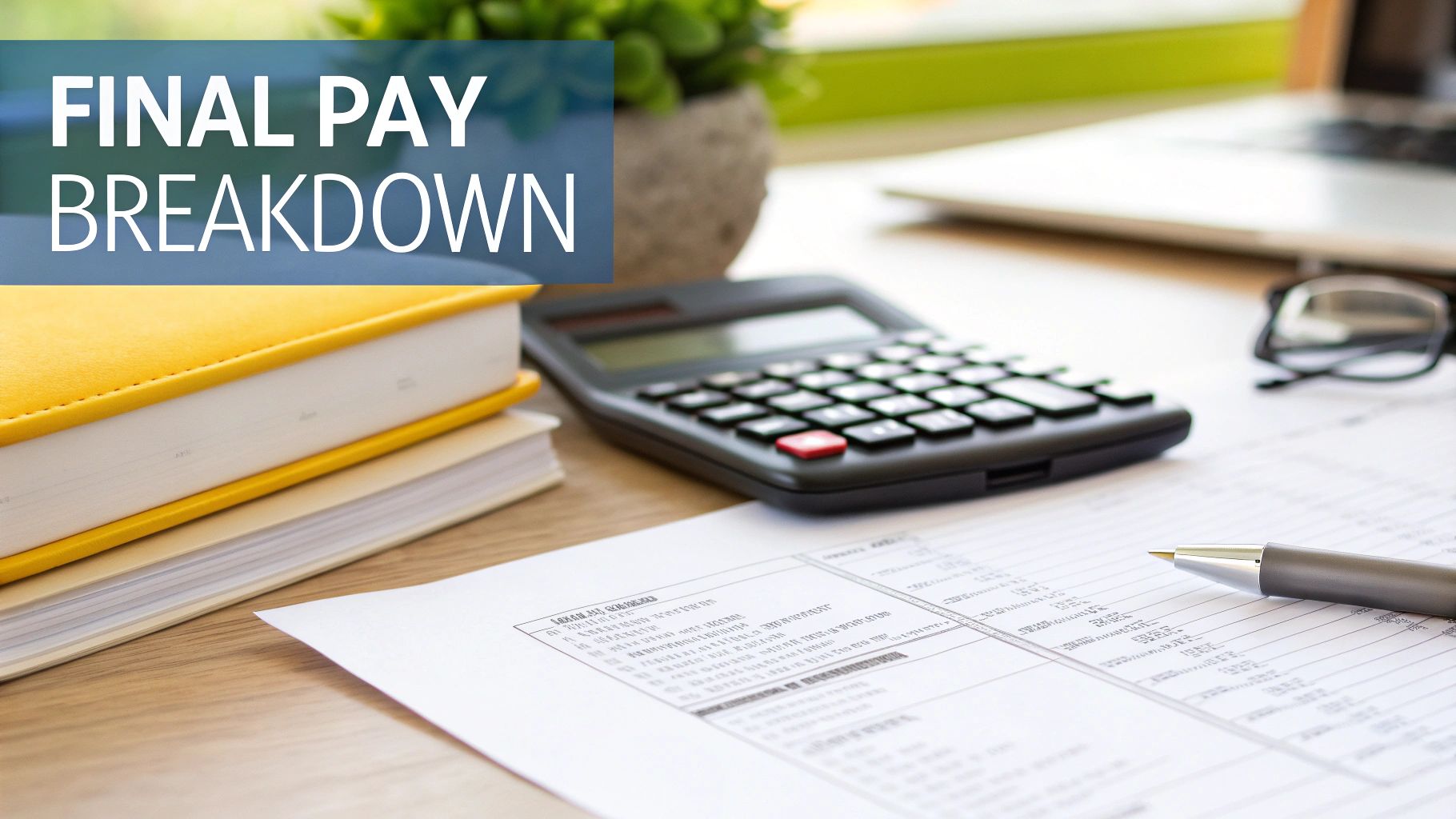 A desk with a calculator, financial documents, books, and glasses, featuring a 'FINAL PAY BREAKDOWN' text overlay.