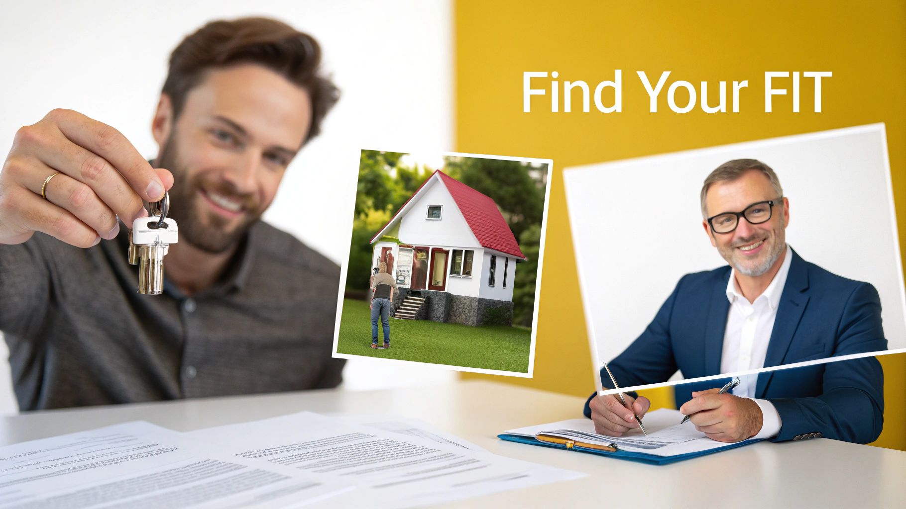 Smiling men involved in home buying: one holds keys, another reviews documents, with a house image.