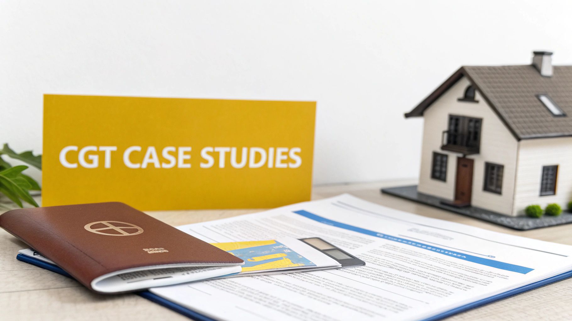 A desk with a model house, documents, a book, and a yellow 'CGT CASE STUDIES' sign.