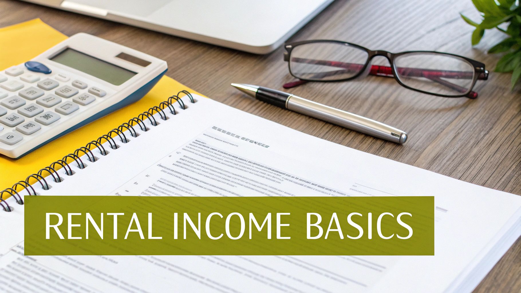 Desk setup with a calculator, pen, glasses, and a notebook titled 'Rental Income Basics' for financial planning.