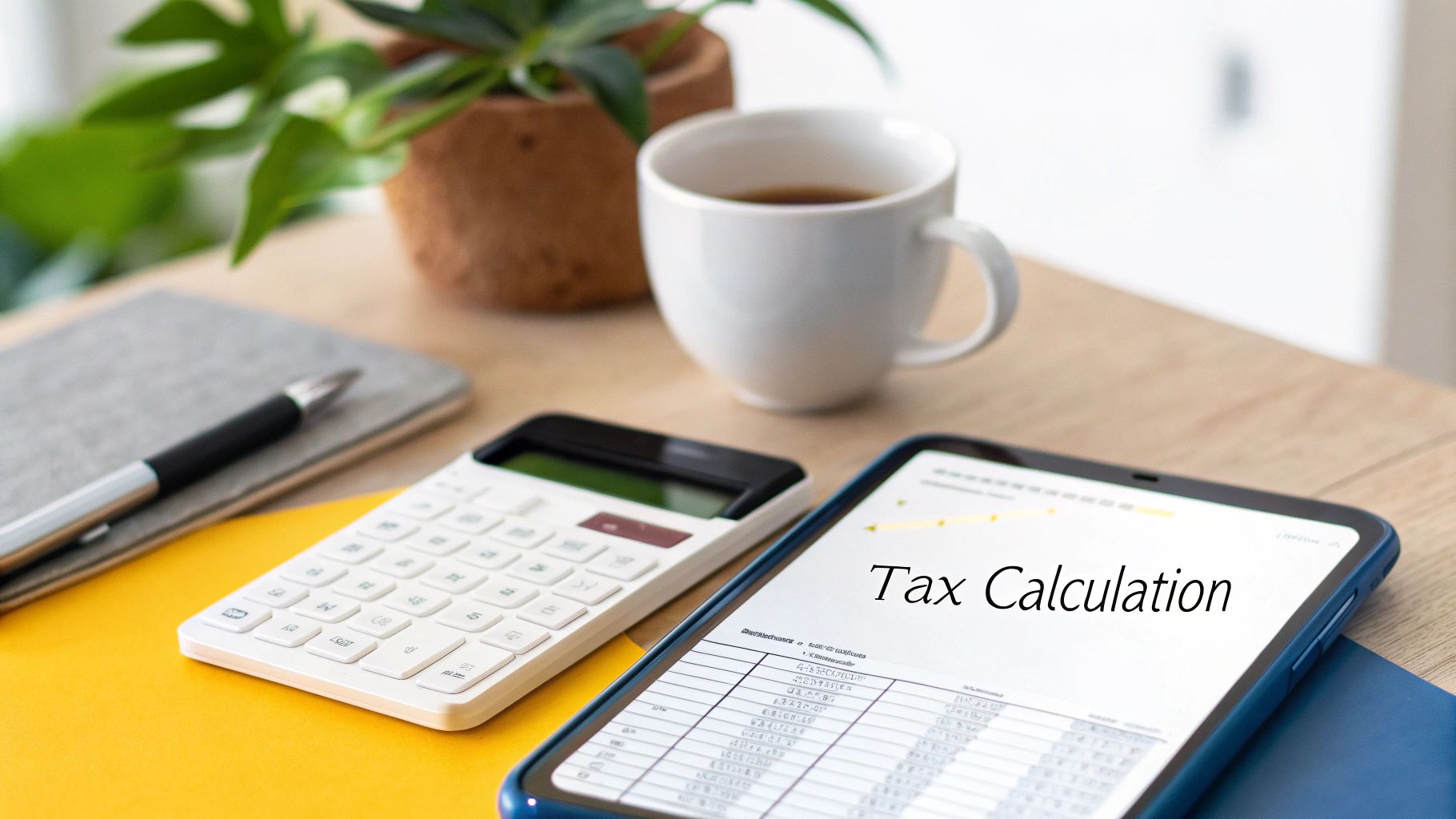 A desk setup featuring a smartphone displaying 'Tax Calculation', a calculator, pen, notebook, and coffee.