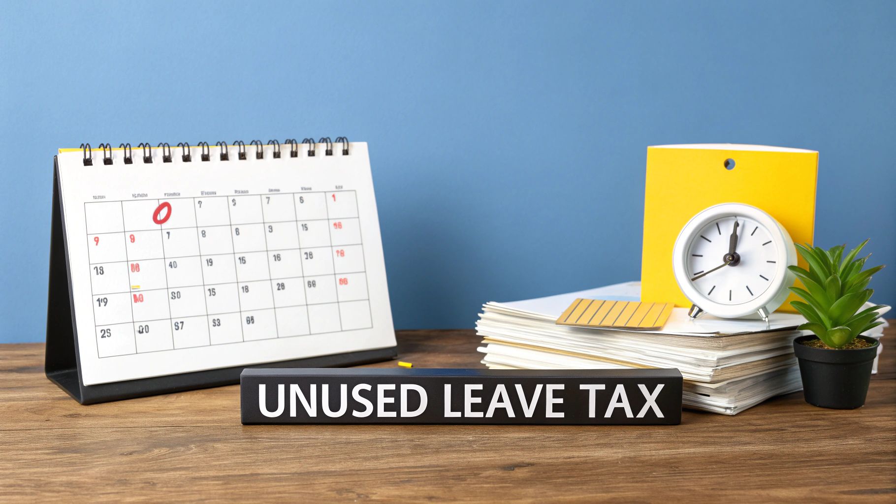 A desk setup with a calendar, 'UNUSED LEAVE TAX' sign, and clock, representing tax on unused leave.