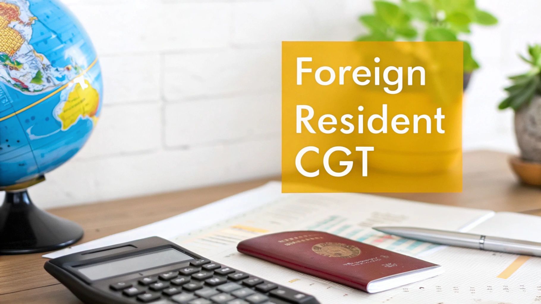 A desk with a globe, calculator, passport, documents, and 'Foreign Resident CGT' text overlay.