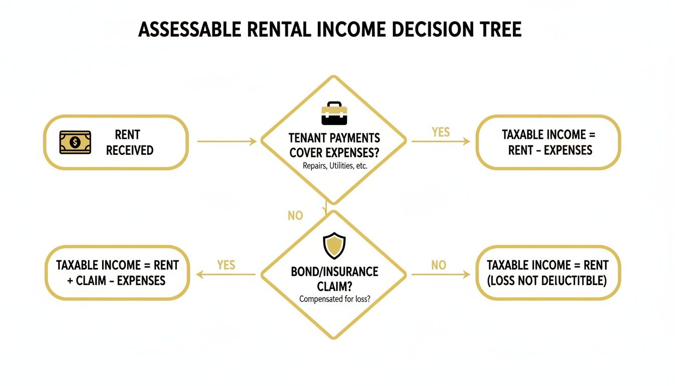 Decision tree flowchart outlining the steps to calculate assessable rental income based on tenant expenses and insurance claims.