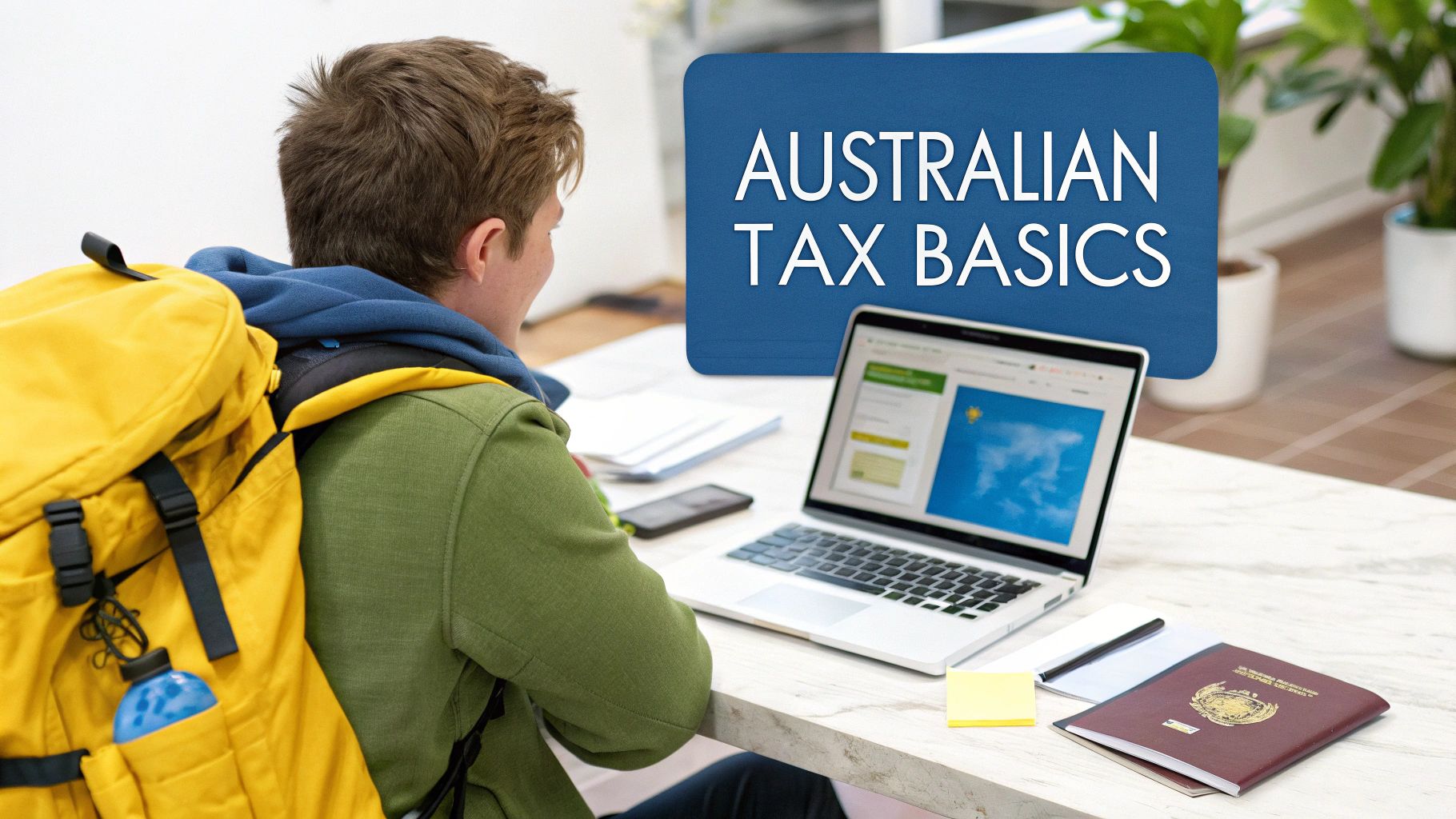 Back view of person with yellow backpack looking at laptop screen with 'Australian Tax Basics' message.