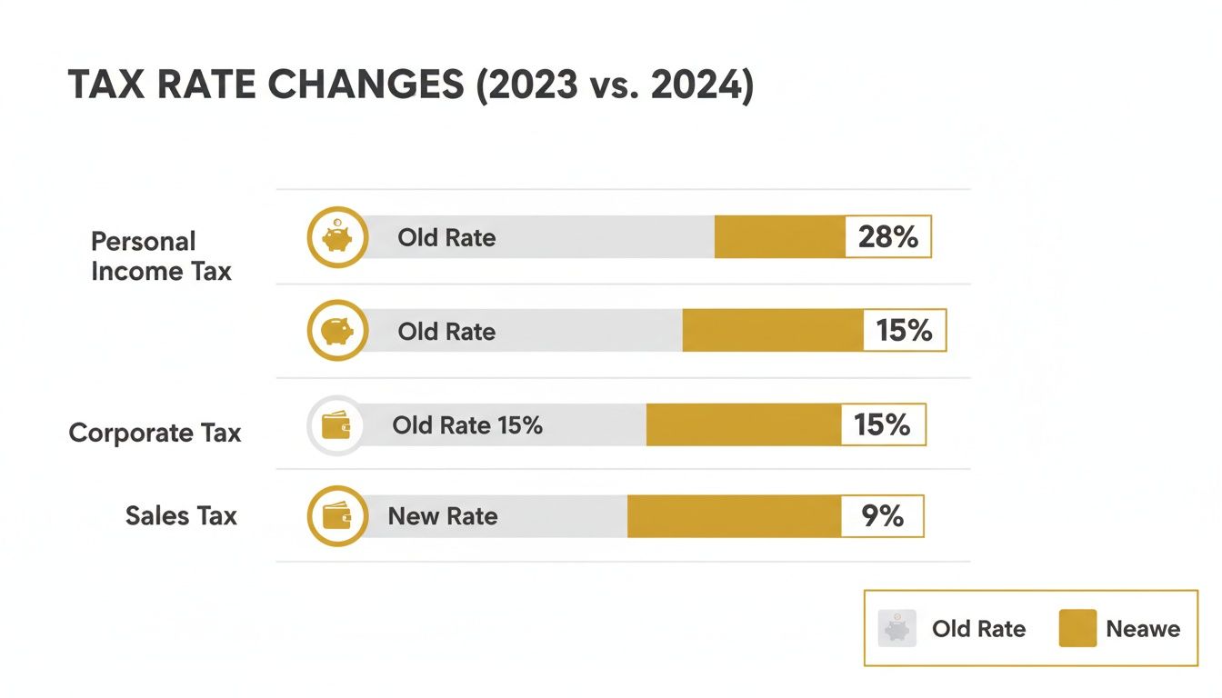 A bar chart comparing old and new tax rates for personal income, corporate, and sales taxes (2023 vs. 2024).