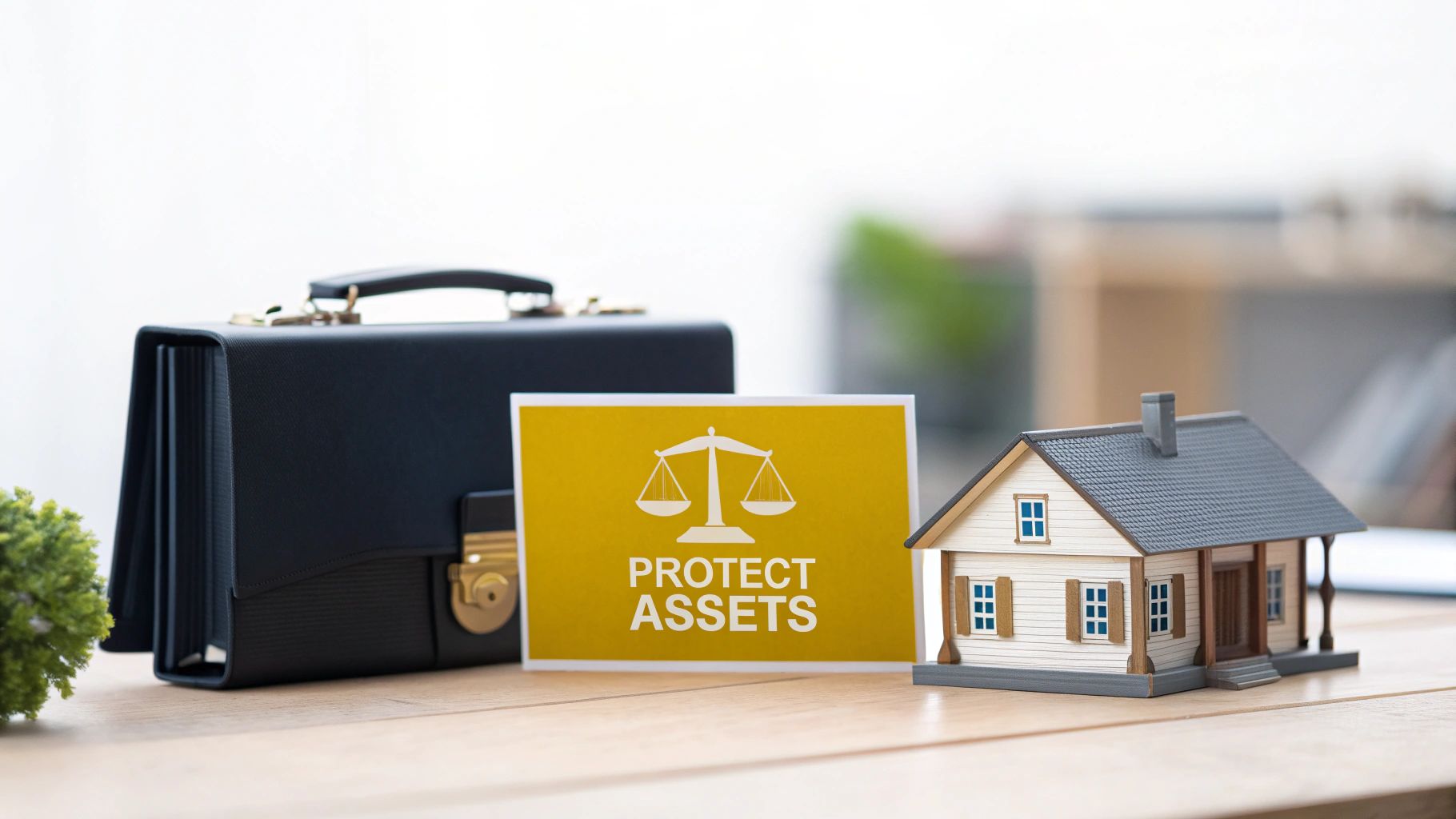 A briefcase, a 'PROTECT ASSETS' sign with a balance scale, and a miniature house on a wooden table.