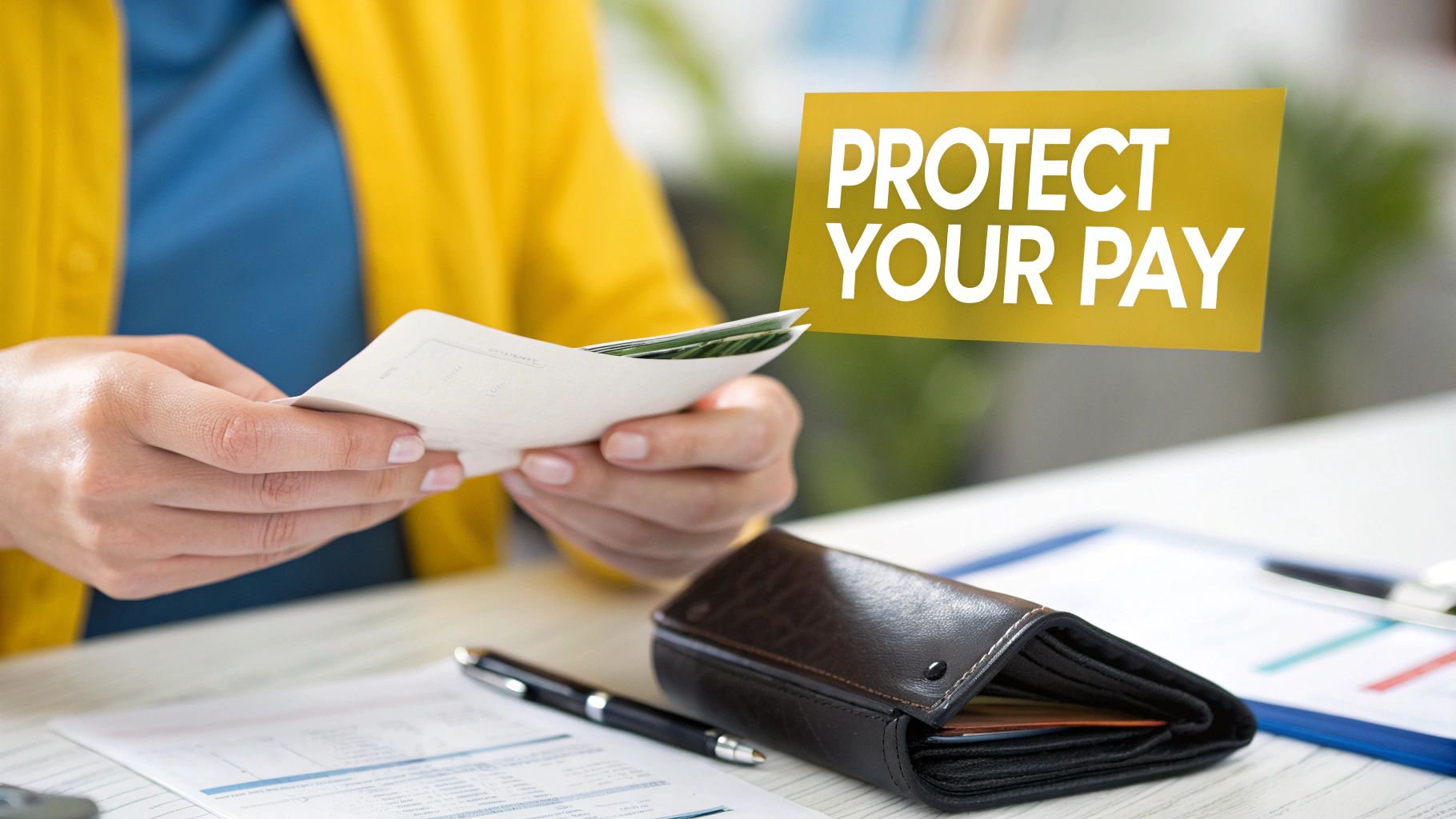 A person's hands organizing documents like a passport and driver's licence on a desk.