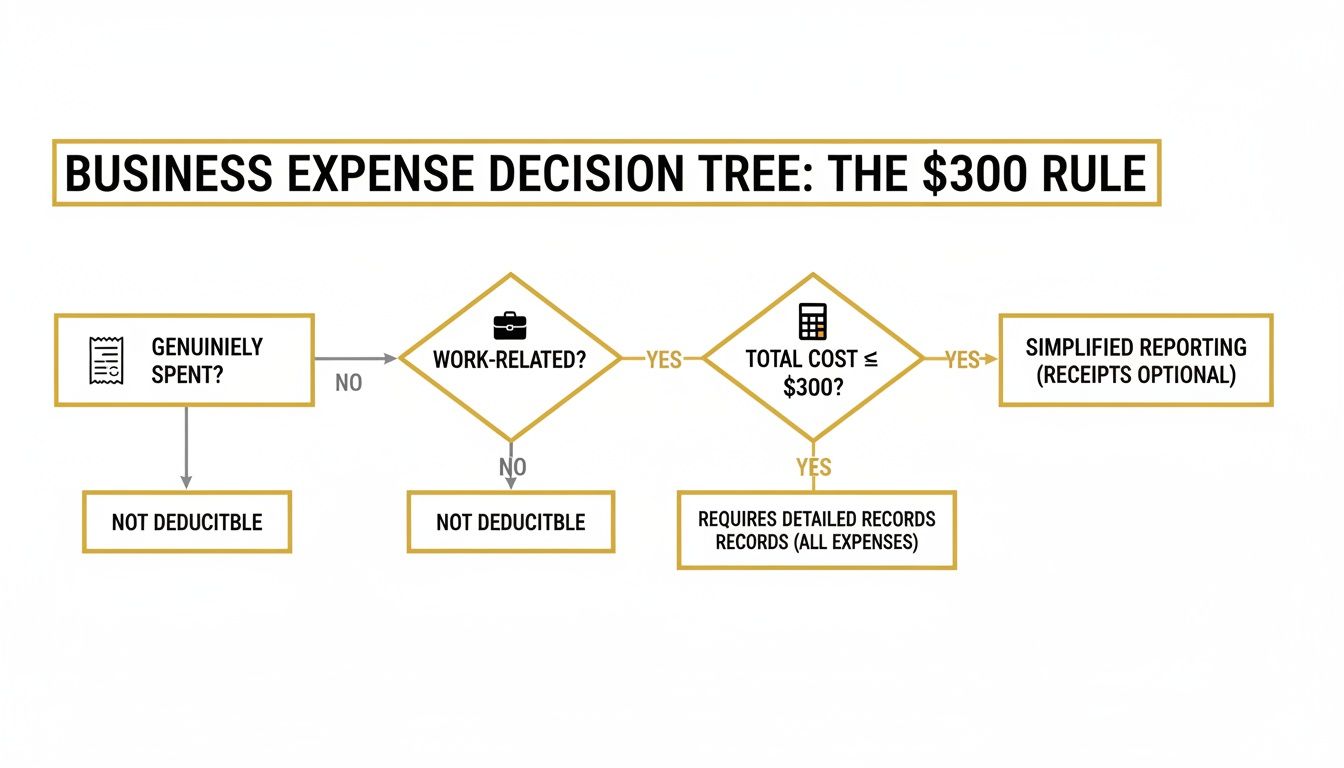 Decision tree illustrating the $300 rule for business expense deductibility and reporting.