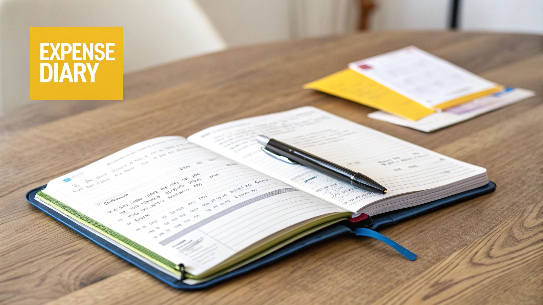 An open expense diary with a pen on a wooden table, featuring 'EXPENSE DIARY' text.