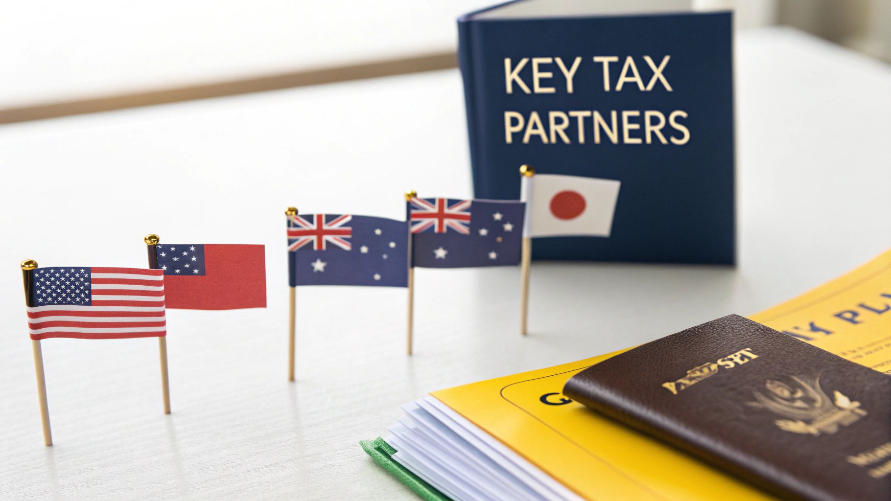Map showing Australia connected to the US, UK, New Zealand, and China, illustrating key tax partnerships