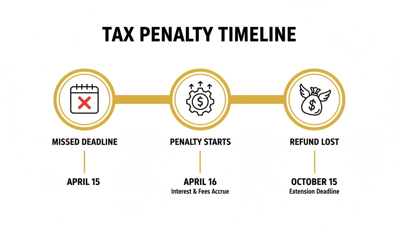 Tax penalty timeline illustrating consequences of missing tax deadlines, including accrued interest and lost refunds.
