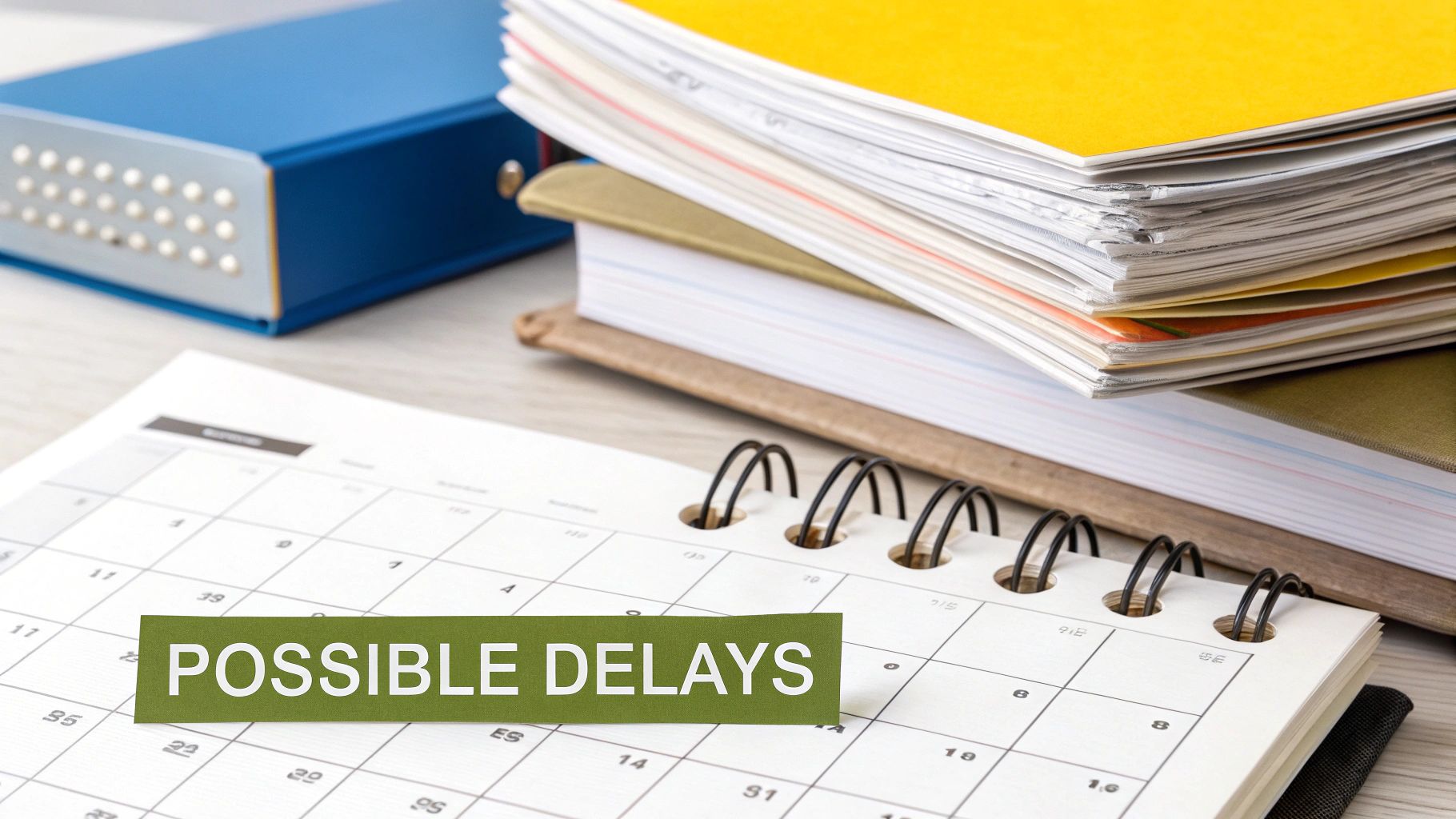 A calendar showing 'POSSIBLE DELAYS' text, next to a stack of documents and a blue binder on a desk.