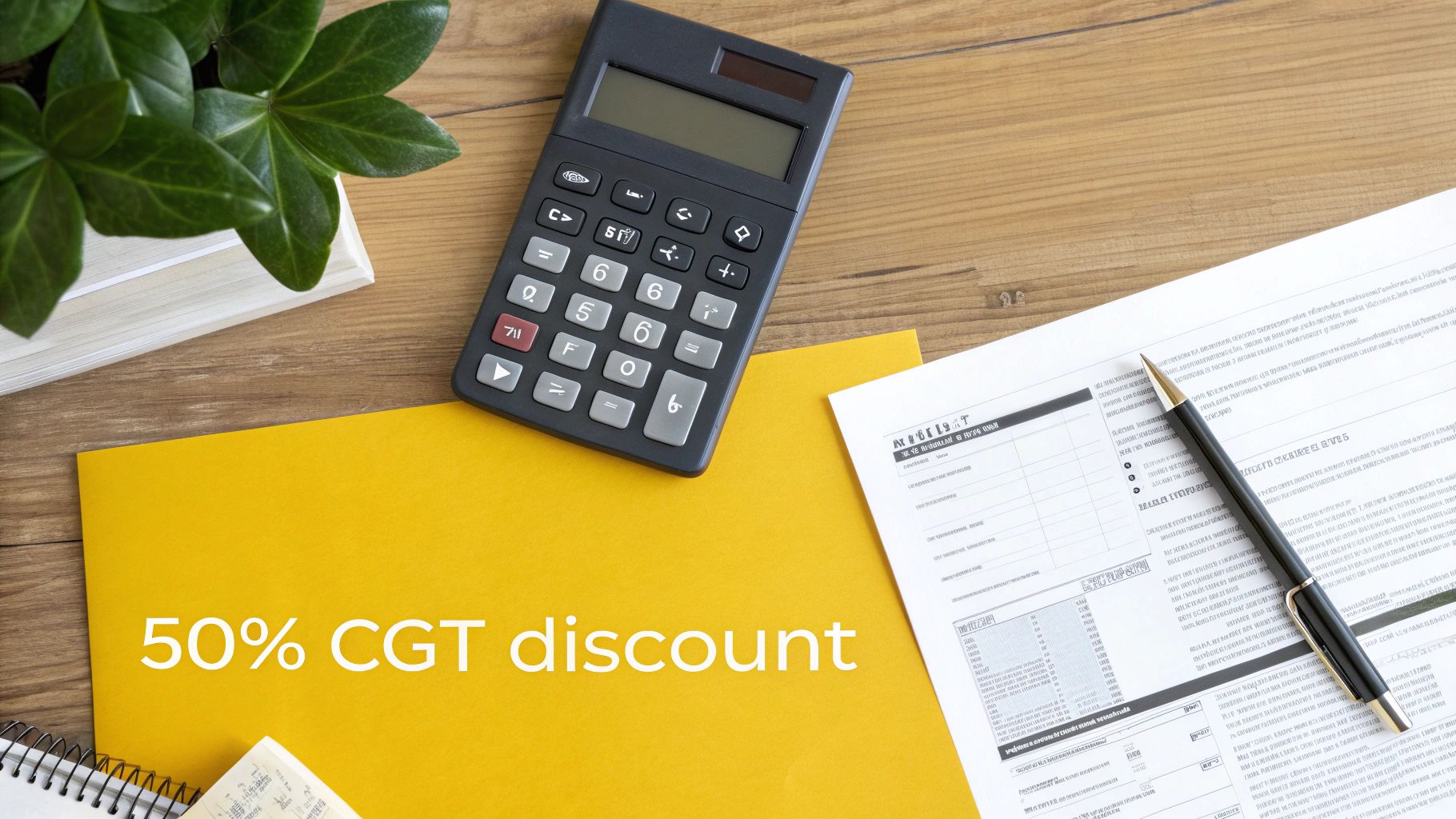 Overhead view of a calculator, pen, and documents on a wooden desk, featuring '50% CGT discount'.