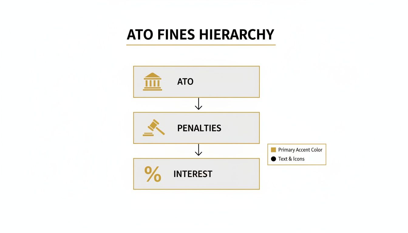 Diagram illustrating the ATO fines hierarchy, detailing steps from ATO to Penalties and then Interest.
