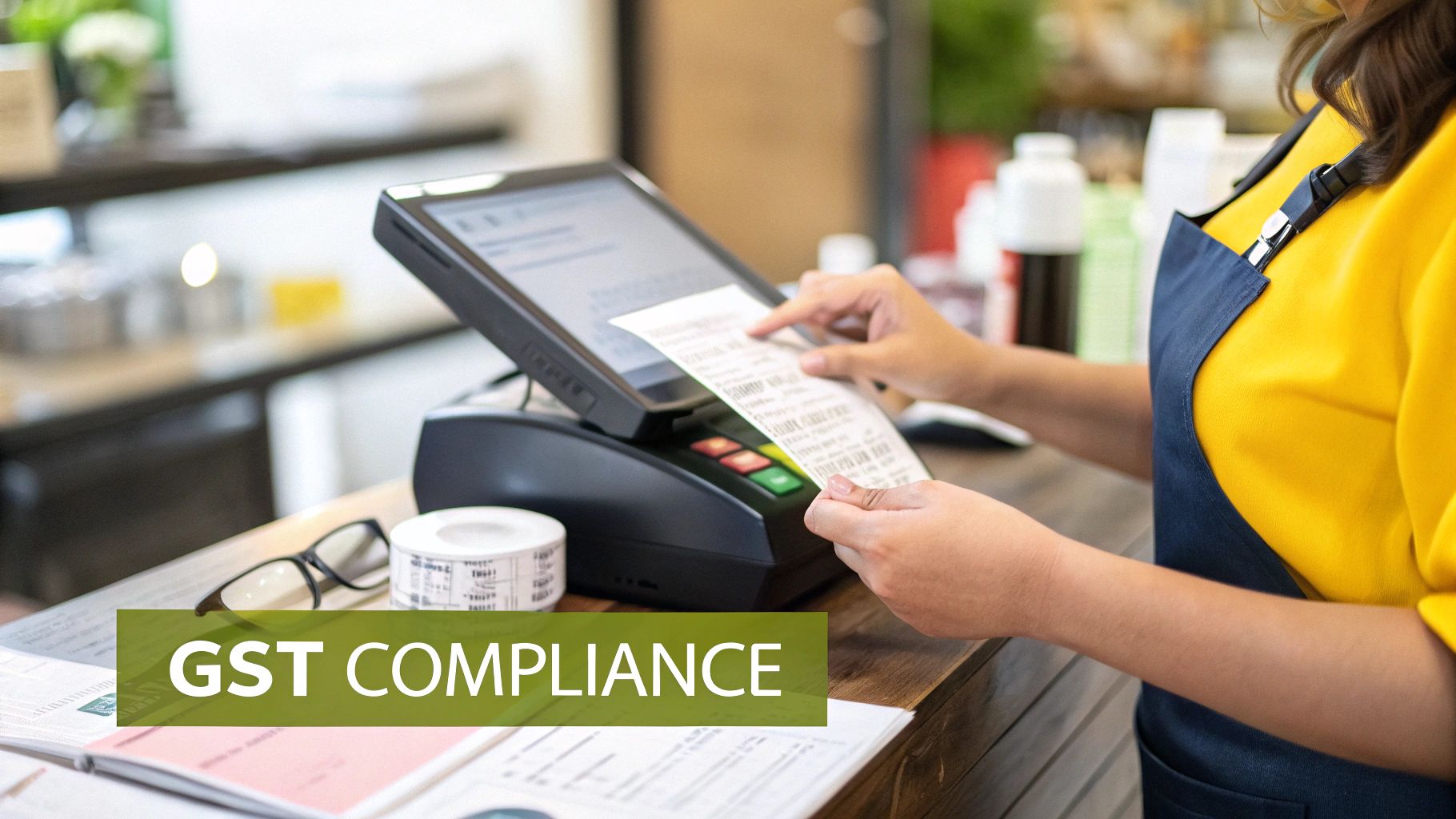 A cashier processes a receipt at a point-of-sale system, highlighting GST compliance.