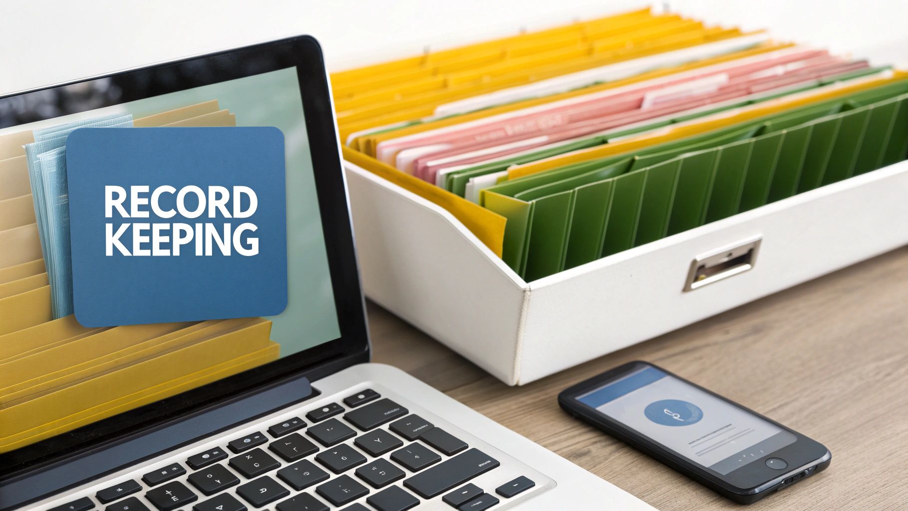 Digital and physical record keeping setup with laptop, file folders, and smartphone.