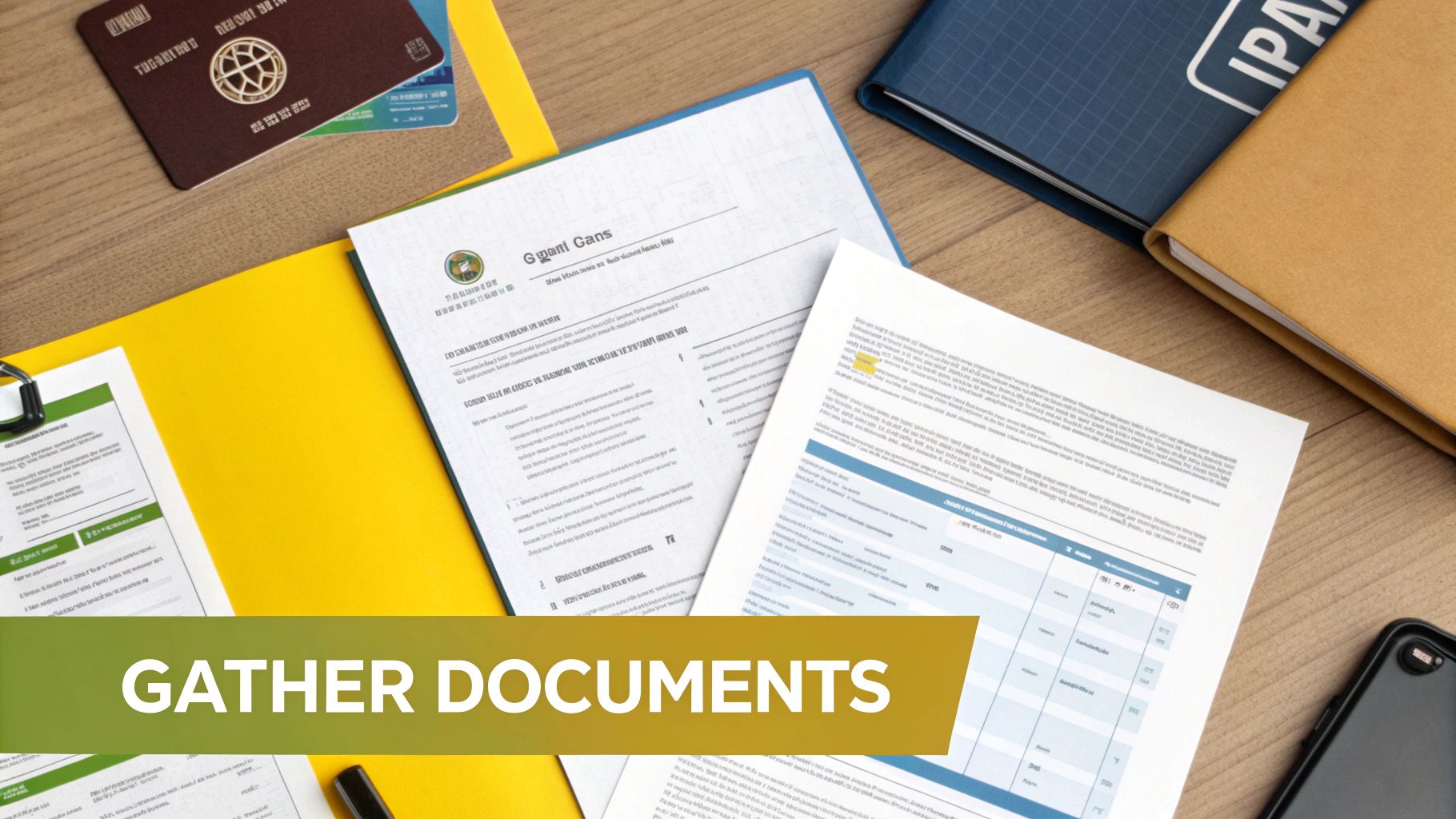 A top-down view of a desk with a passport, various documents, and notebooks, highlighting document gathering.