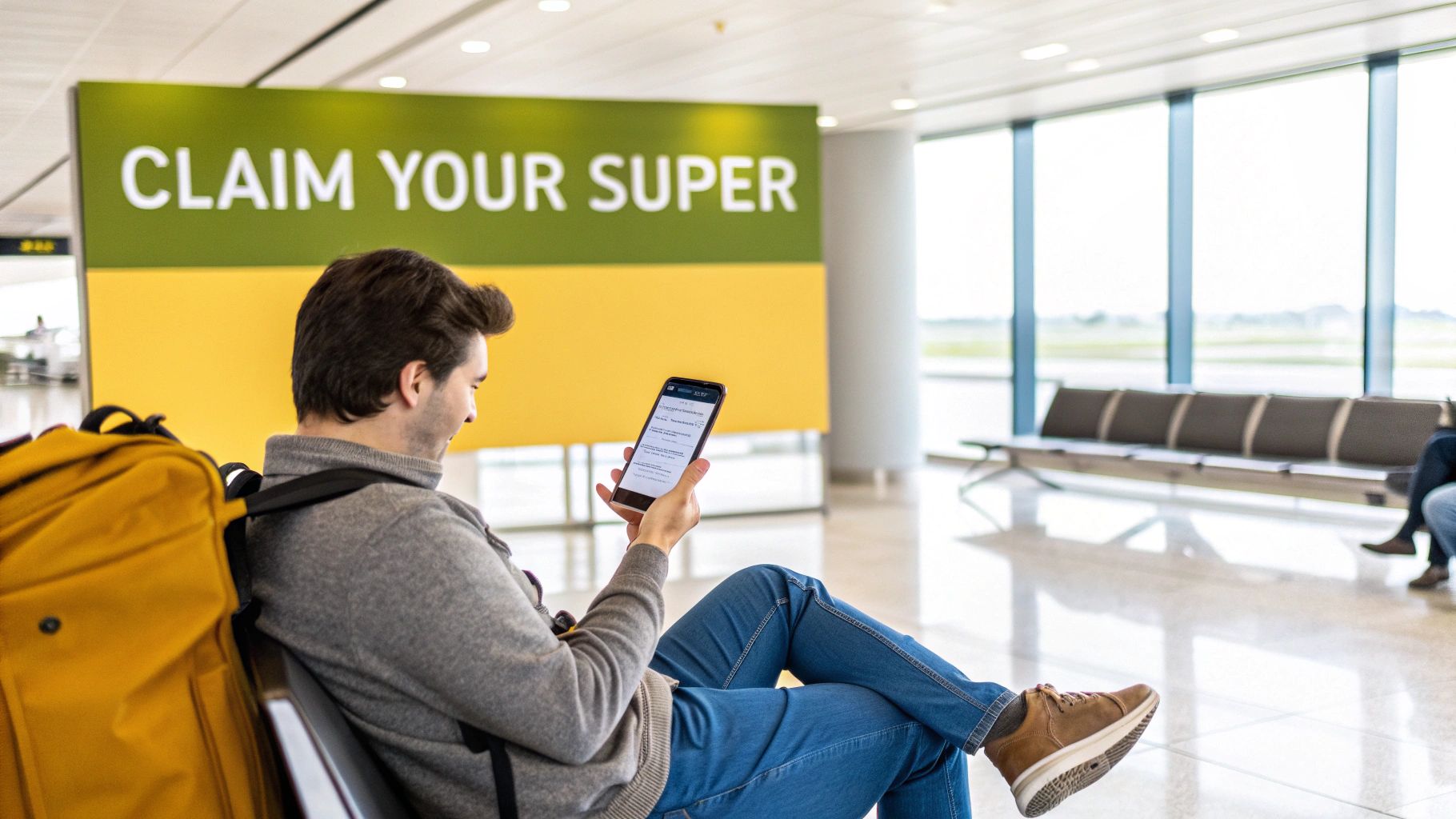 A man with a backpack sits in an airport terminal, scrolling on his phone, next to a 'CLAIM YOUR SUPER' sign.