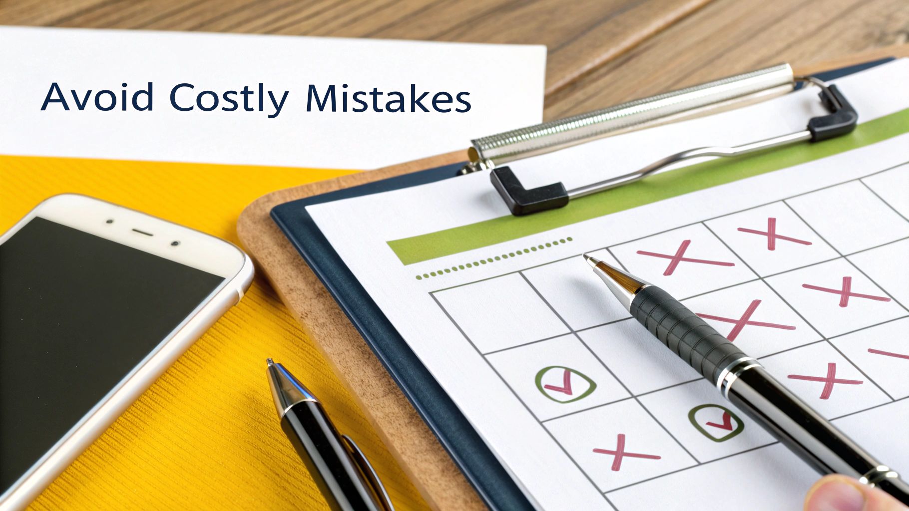 A paper with 'Avoid Costly Mistakes' next to a clipboard with a checklist, pen, and phone.