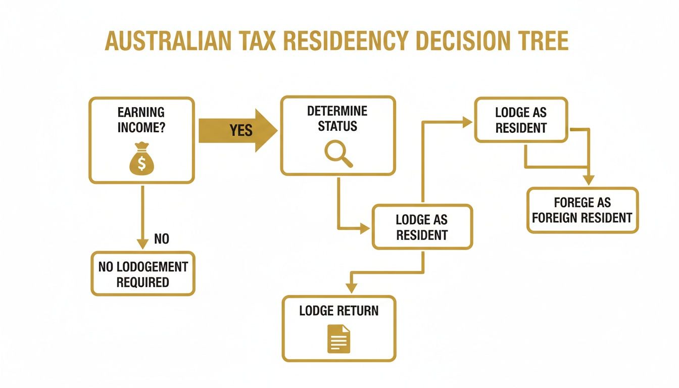 Flowchart for Australian tax residency decision tree, guiding income earners through status determination and lodging processes.