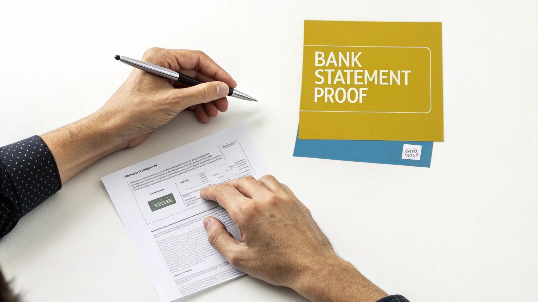 Person analyzing bank statement proof documents and holding a pen on a white table.