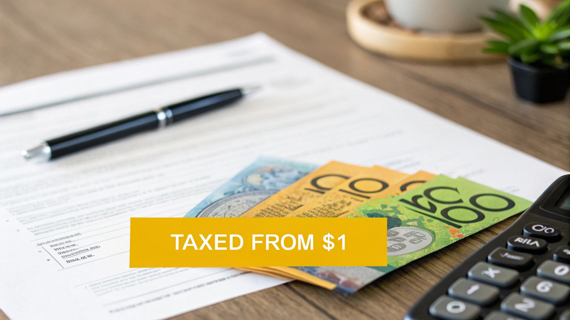 Australian dollars, tax documents, a pen, and calculator on a wooden desk, indicating 'TAXED FROM $1'.