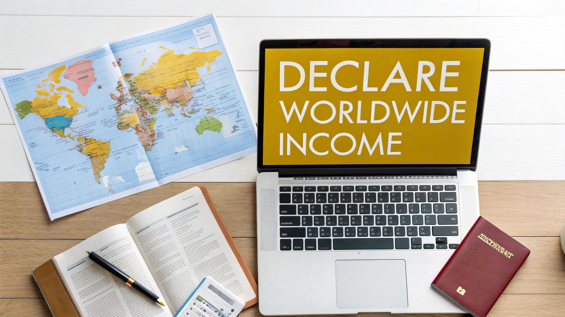 Overhead shot of a desk with a laptop displaying 'DECLARE WORLDWIDE INCOME', a world map, an open book, and a passport, suggesting global tax considerations.