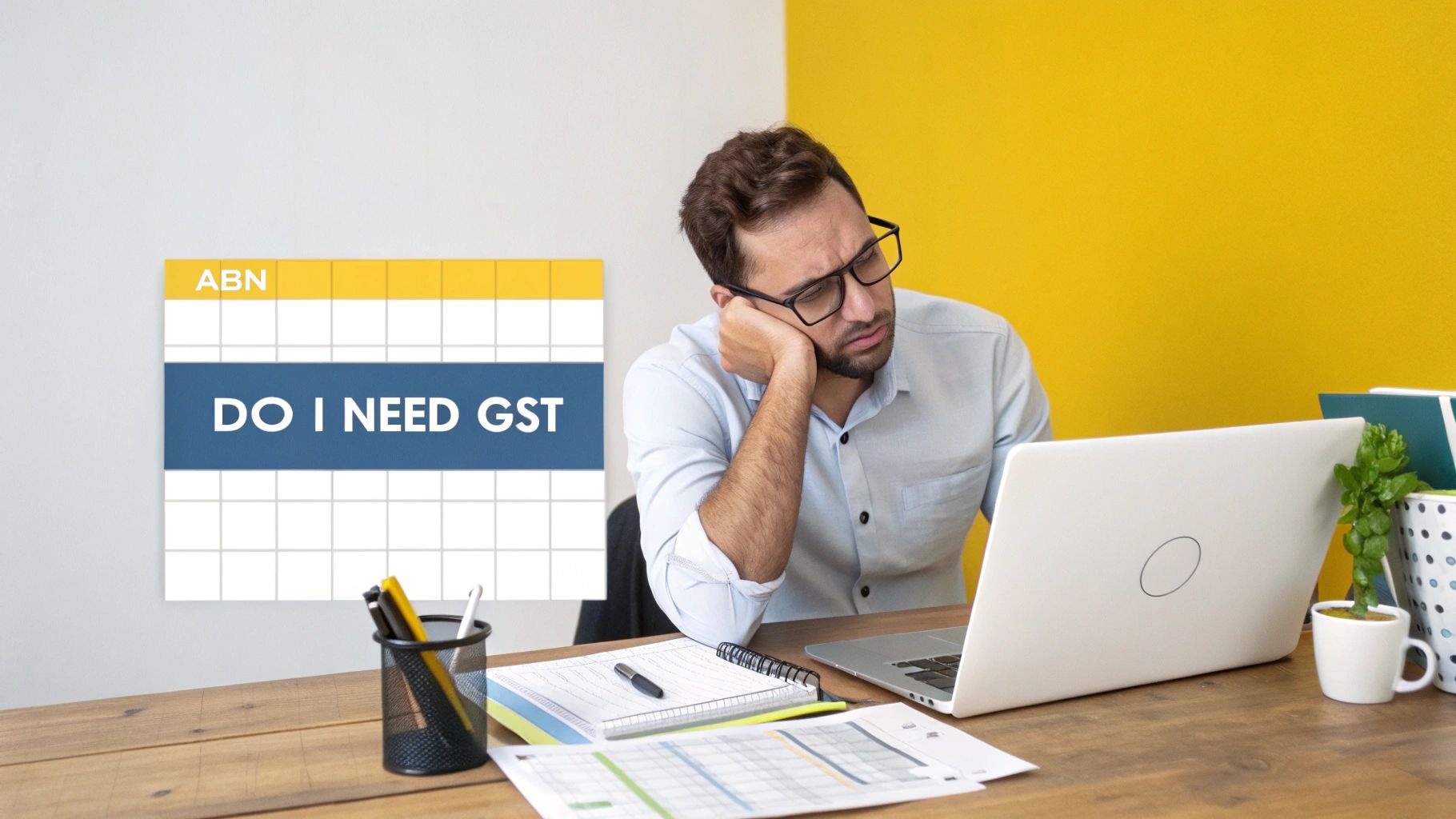 A tired man with glasses at a desk looks at his laptop, contemplating if he needs GST registration.