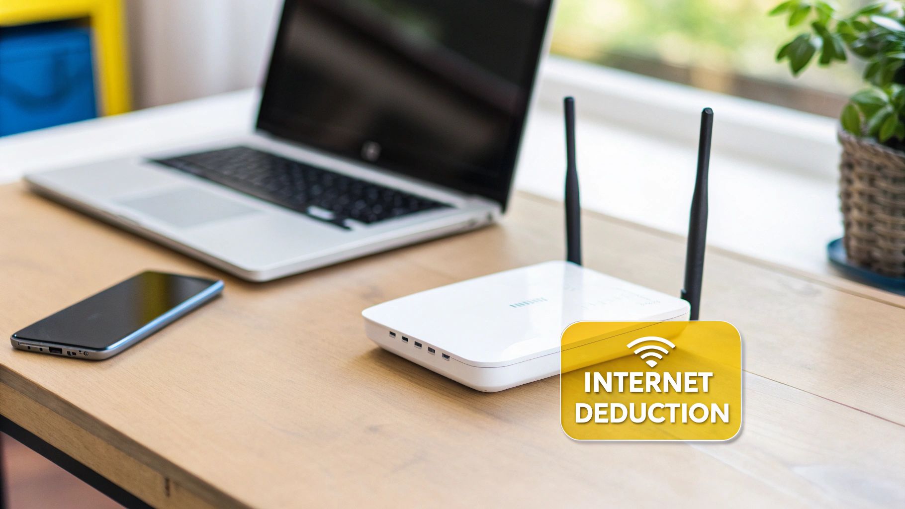 A laptop, smartphone, and white Wi-Fi router on a wooden desk with an 'Internet Deduction' graphic.