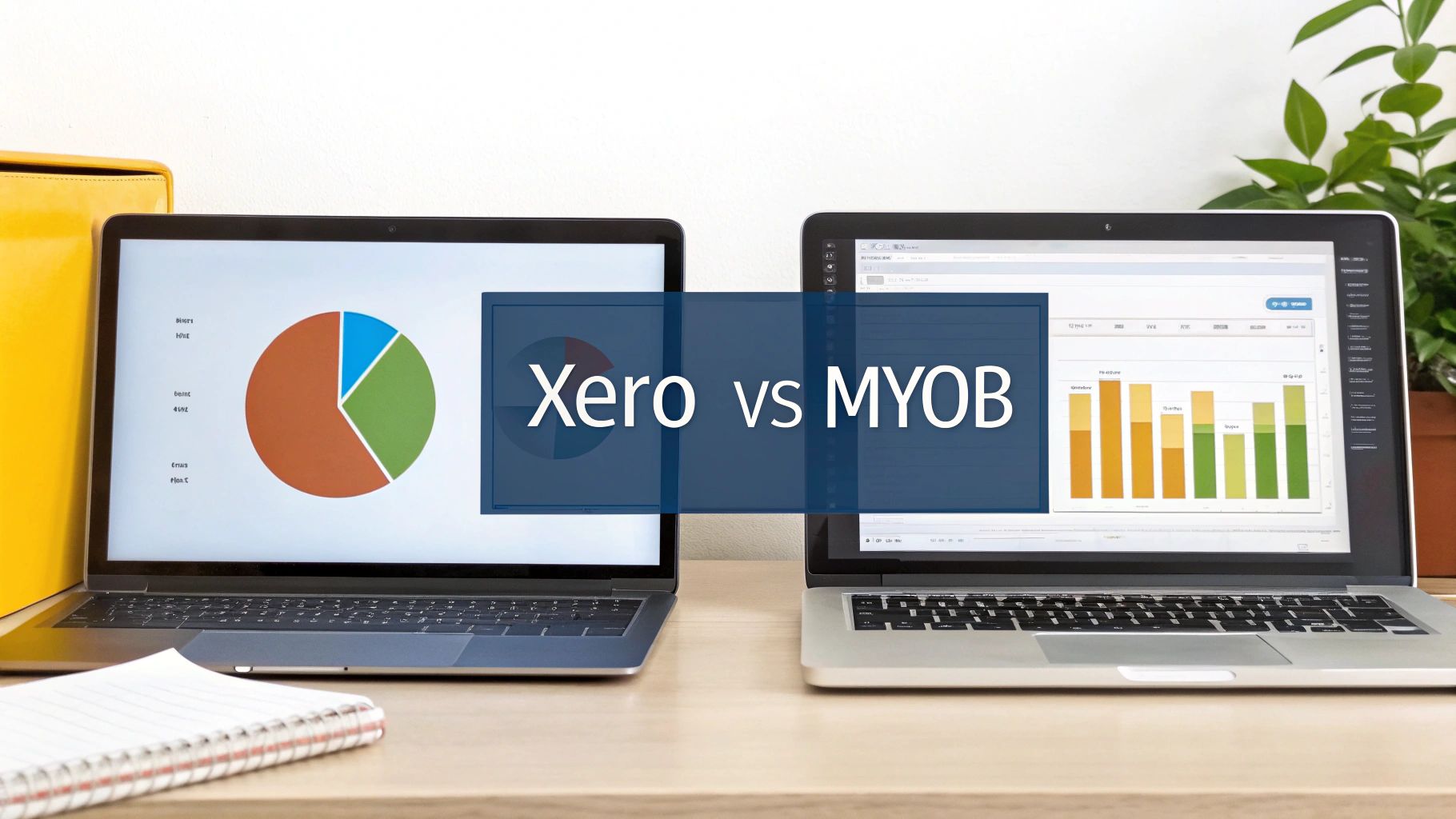 A split-screen image showing the Xero and MYOB logos.