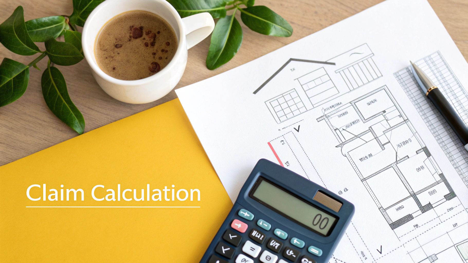 A person at a home desk calculating expenses with a calculator, laptop, and coffee.
