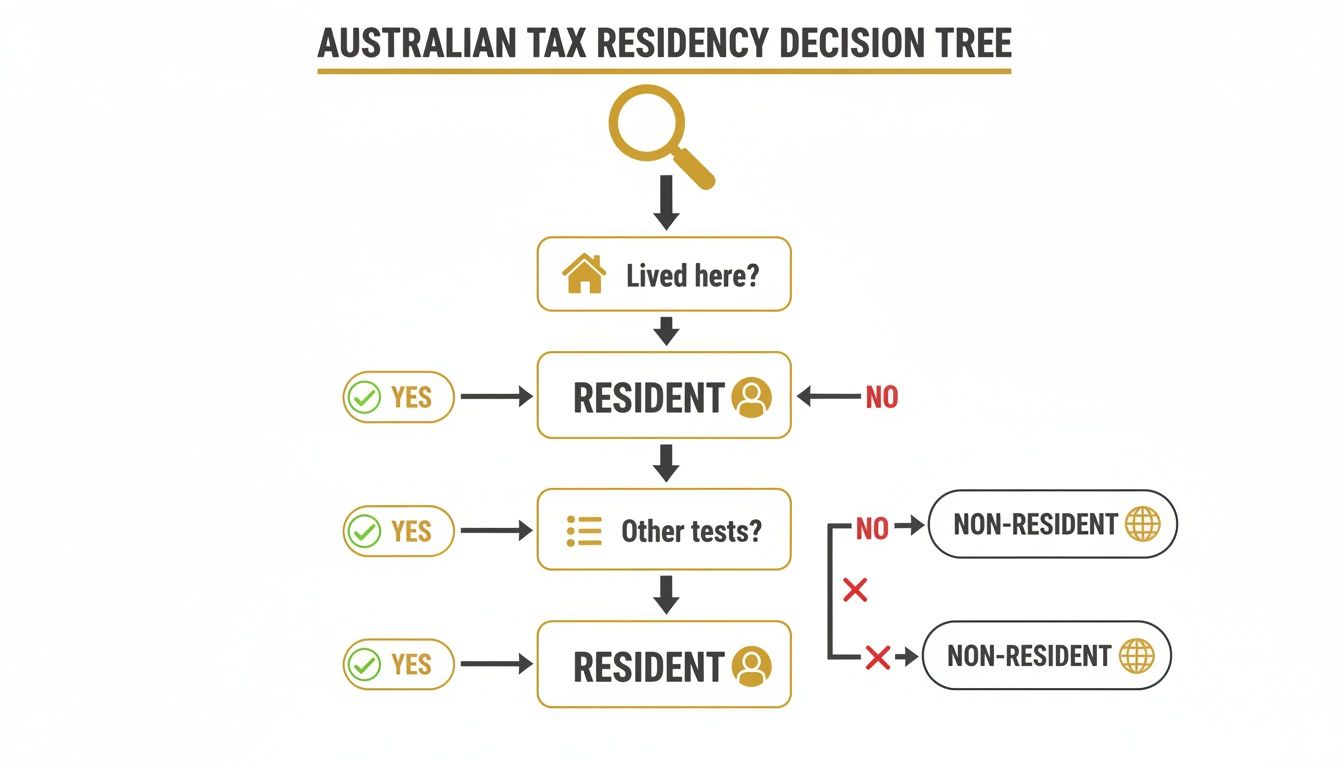 Flowchart illustrating the Australian tax residency decision tree, guiding users through tests to determine residency.