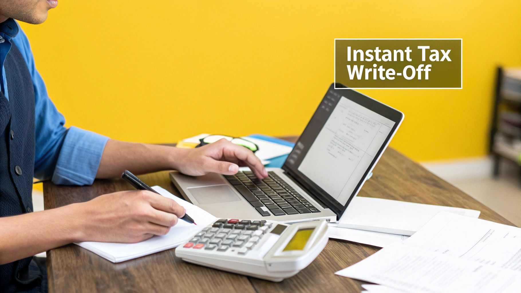 A business owner reviewing financial documents for asset write-offs